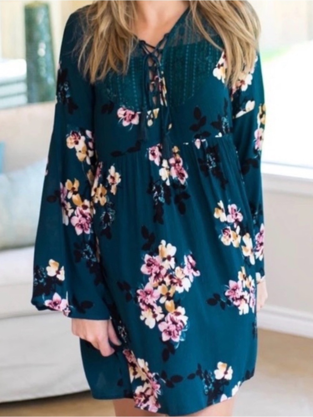 Altar'd State Teal Floral Lace-Yoke Long Sleeve Dress